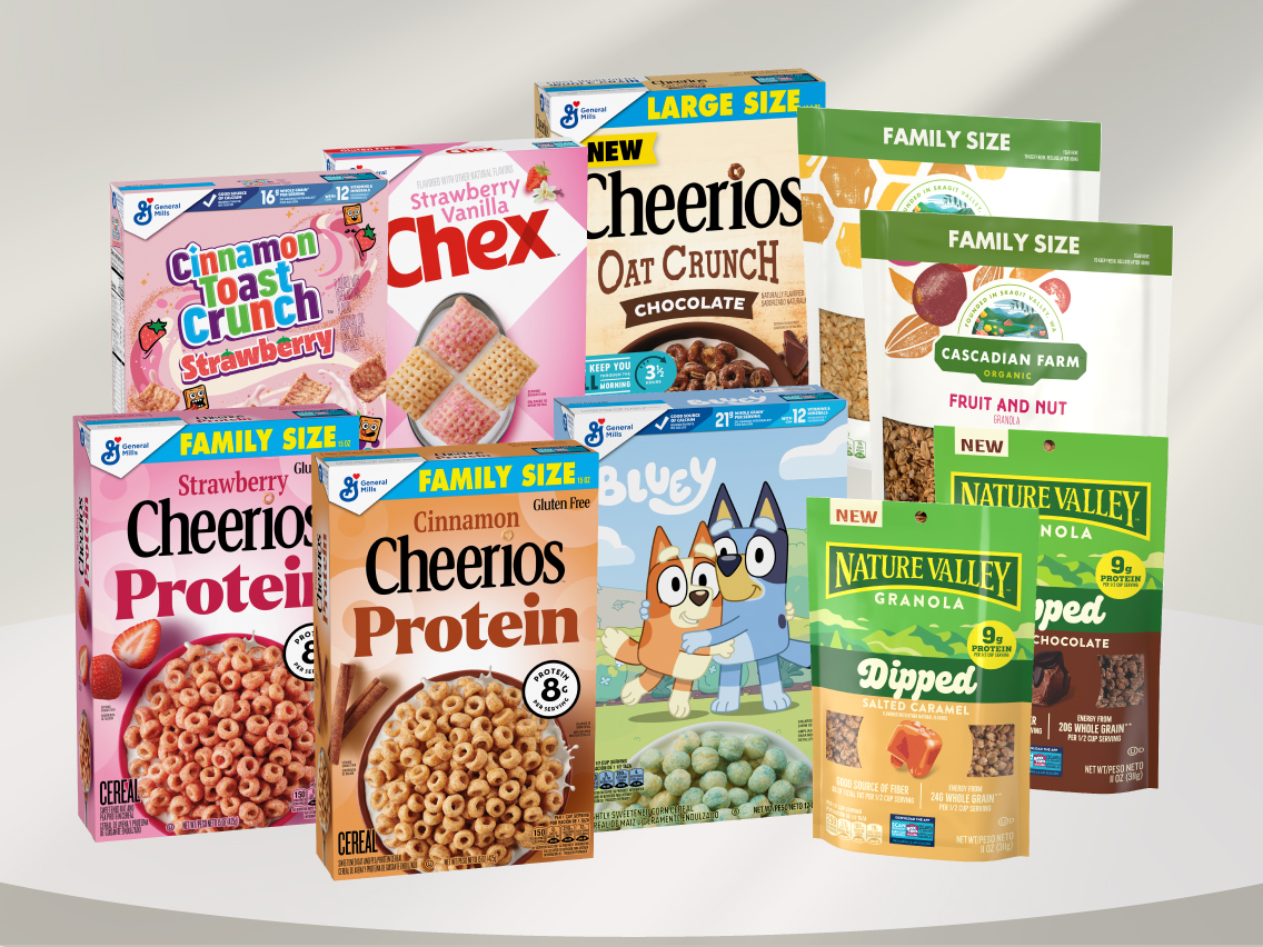 A collection of General Mills products on a grey background.
